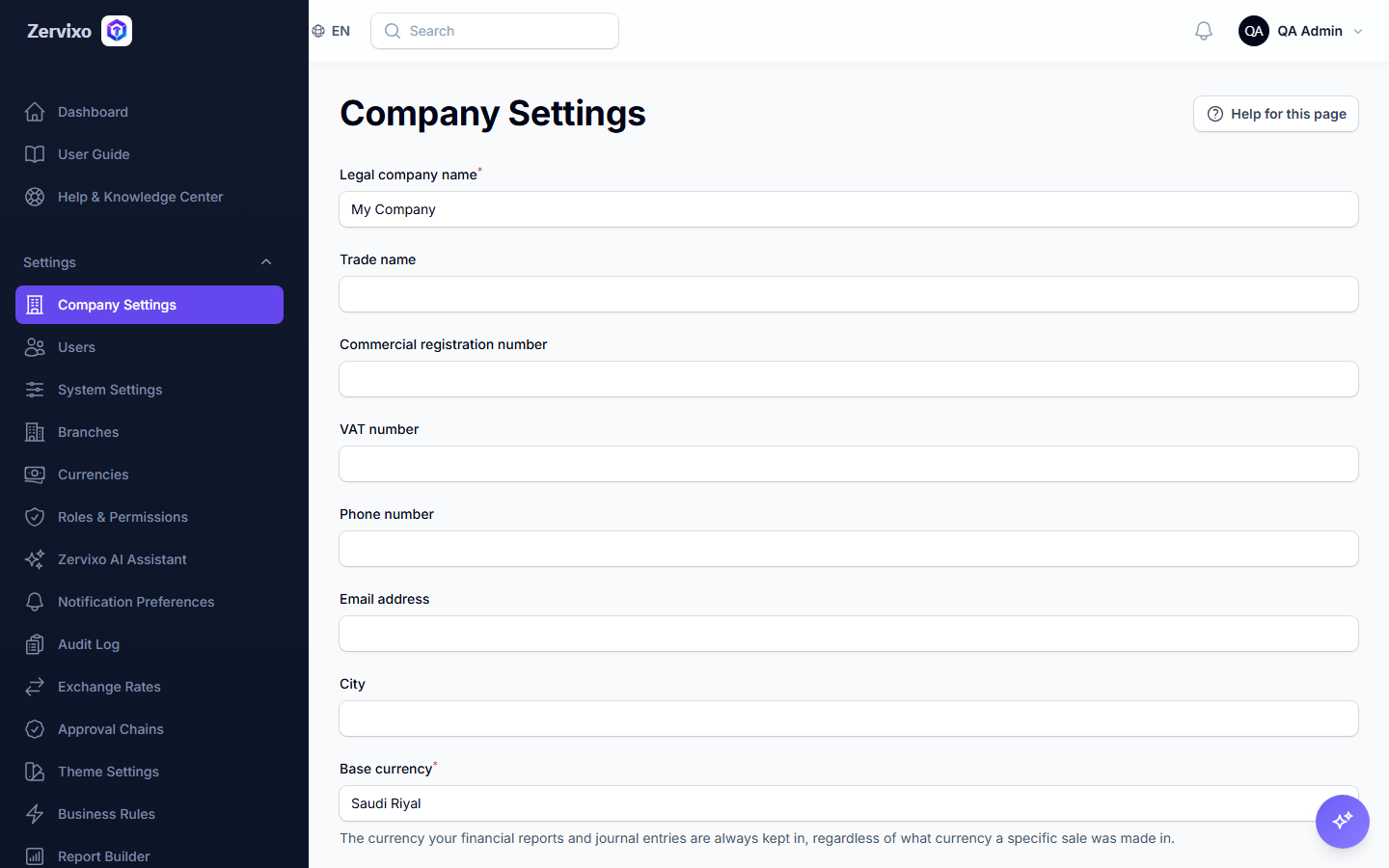 The Company Settings screen showing the Base Currency field.
